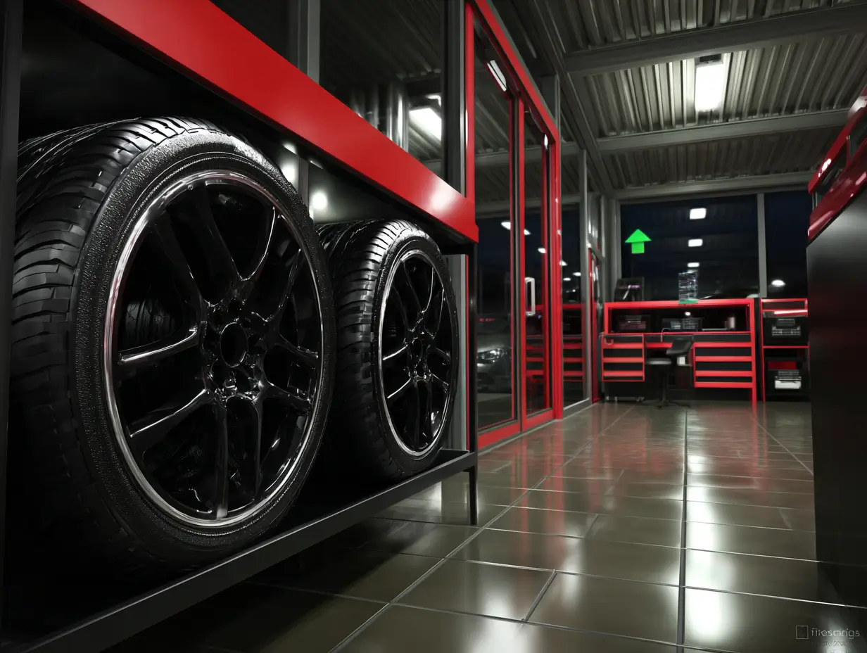 Reifenregal in einer Werkstatt